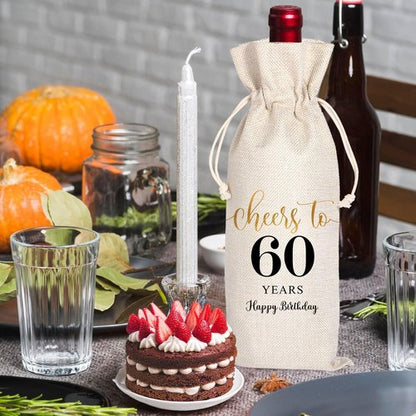 60th Birthday Wine Bag, 60th Birthday Gifts for Women Men, 60 Year Old Birthday Gift Party Supplies, Sixty Birthday Gift Idea Wine Bag for Her Girl Friend Sister (Beige-60th, 13.5 x 5.5Inches)