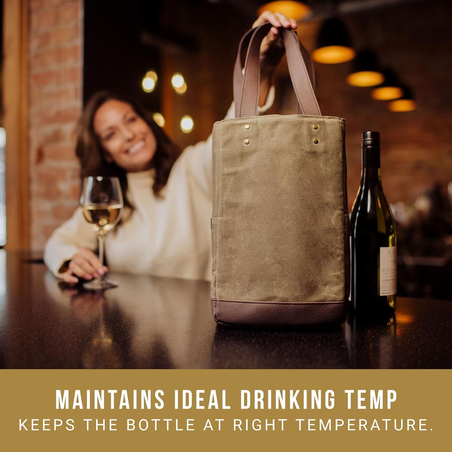 PICNIC TIME 2 and 3 Bottle Insulated Wine Bag, Distressed Waxed Canvas Wine Tote, Durable Bottle Carrier Bag for Gifts and Travel with Side Pockets & Removable Divider (Khaki Green with Brown Accents)