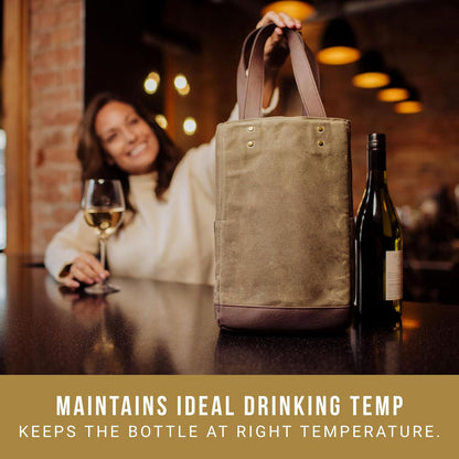 PICNIC TIME 2 and 3 Bottle Insulated Wine Bag, Distressed Waxed Canvas Wine Tote, Durable Bottle Carrier Bag for Gifts and Travel with Side Pockets & Removable Divider (Khaki Green with Brown Accents)