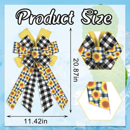 ABTOLS Large Spring Bows - Black & White Buffalo Plaid | Yellow Floral Wreath Decor for Indoor & Outdoor Use