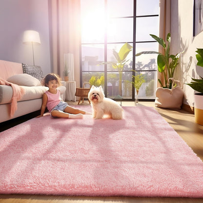 Ophanie Pink Area Rug - Fluffy Fuzzy Shag Carpet for Kids | Soft Plush 5x8 Bedroom Decor