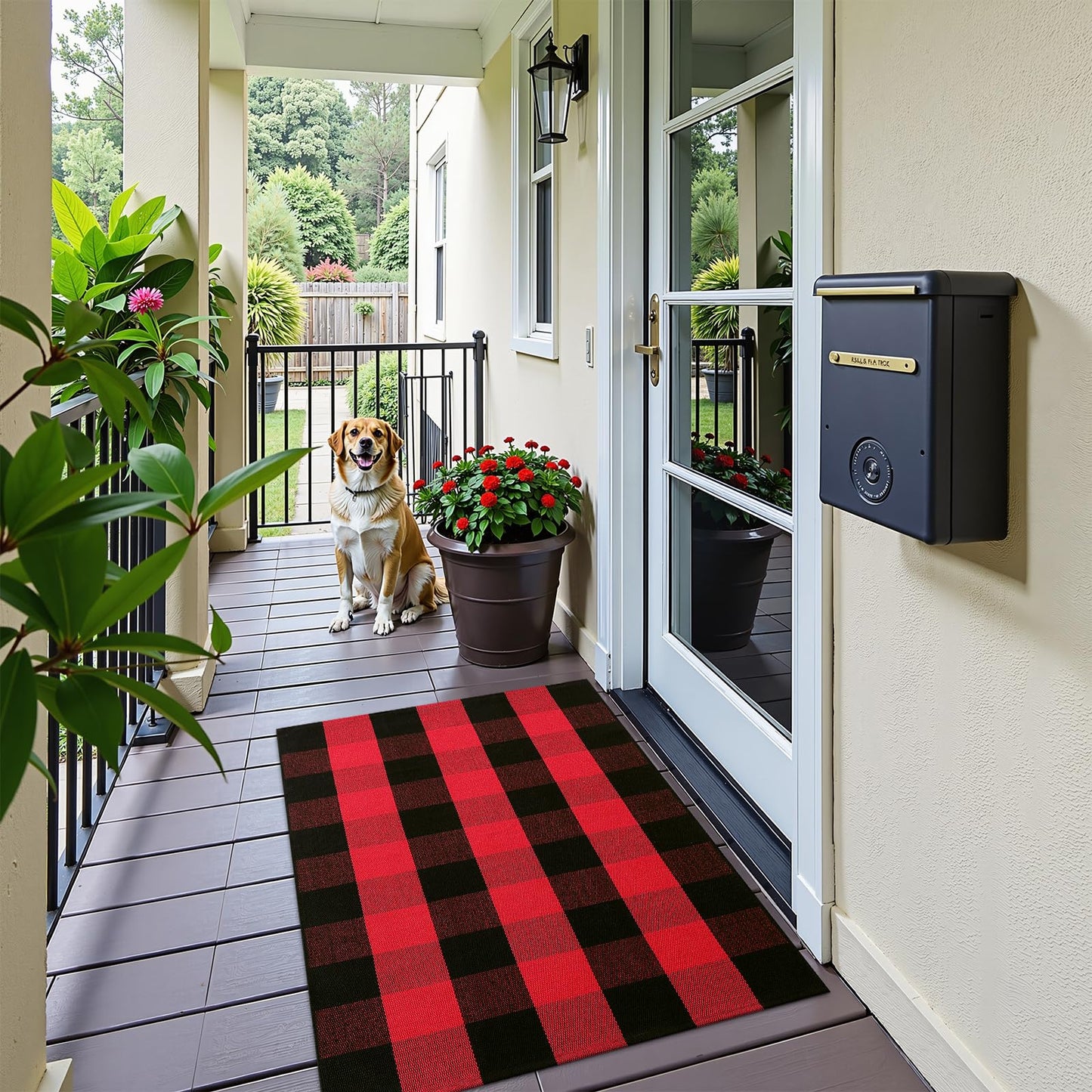 OLANLY Buffalo Plaid Rug 2'4" x 3'7" (27.5" x 43") – Red and Black Cotton Checkered Doormat, Washable Indoor Outdoor Rug for Layered Front Porch, Kitchen, Entryway Decor