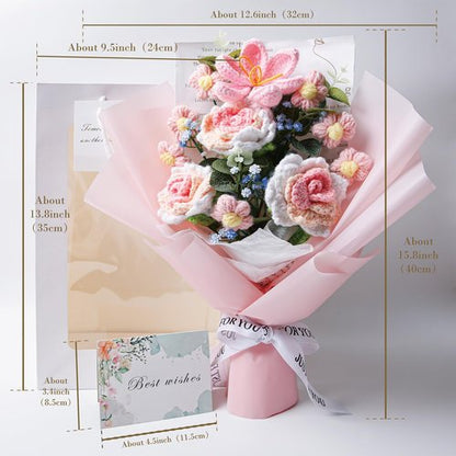 EZsenses Crochet Flower Bouquet, Handmade Knitted Rose Faux Crochet Flowers for Home Decor Valentine’s Day Anniversary Weddings Birthdays Mother’s Day, Includes Gift Bag and Greeting Card (Rose)