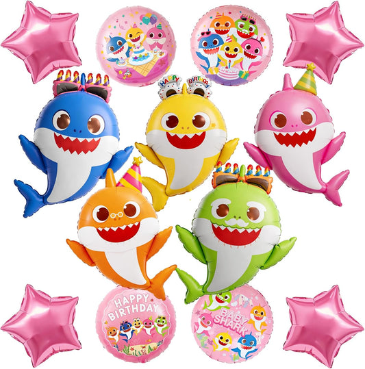 PartyWoo Baby Shark Family Foil Balloons - 13pcs Pink Round & Star Mylar Helium Balloons for Kids' Birthday Party Decorations