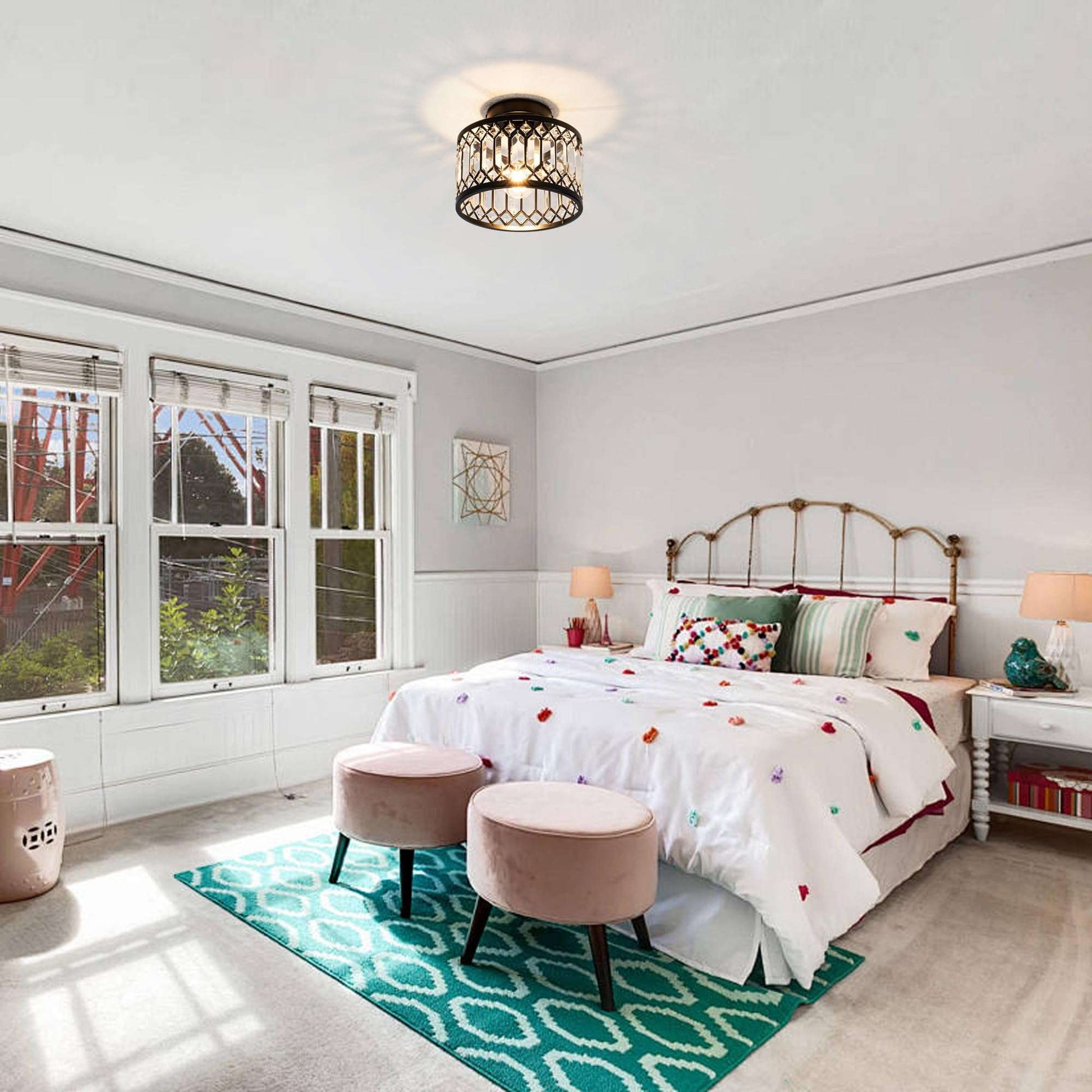 Rpzloila Crystal Ceiling Light Fixture, Modern Semi Flush Mount Ceiling Light,Crystal Chandelier for Kitchen Bedroom Bathroom Entryway Black (Bulb not Included)