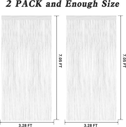 2 Pack Tinsel Backdrop - Metallic Foil Fringe Curtains for Parties | 3.28 x 7.05 Feet White Decor