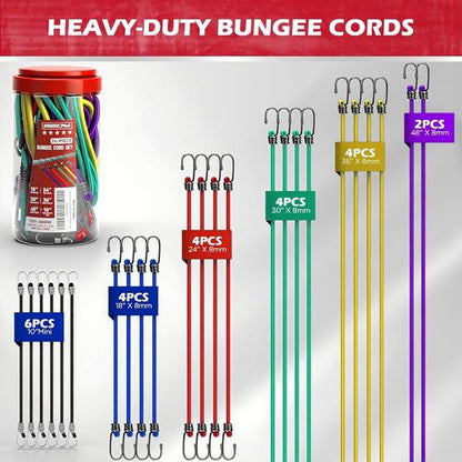 Bungee Cords | 24-Piece Heavy Duty Premium Assortment with Hooks - Ideal for Camping & Outdoor Use