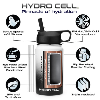 HYDRO CELL Stainless Steel Insulated Water Bottle with Straw - For Cold & Hot Drinks - Metal Vacuum Flask with Screw Cap and Modern Leakproof Sport Thermos for Kids & Adults (Black/White 14oz)