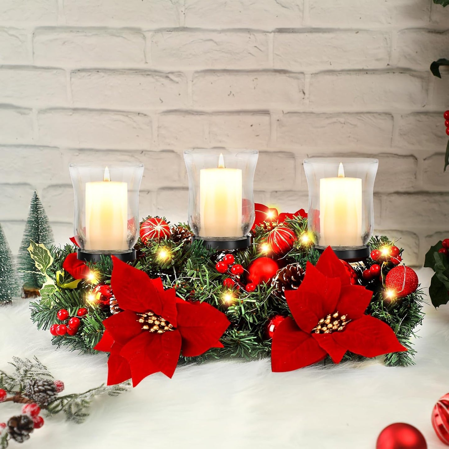 Sliner Christmas Candle Holder - Romantic Poinsettia Glass Centerpiece for Holiday Table Decor