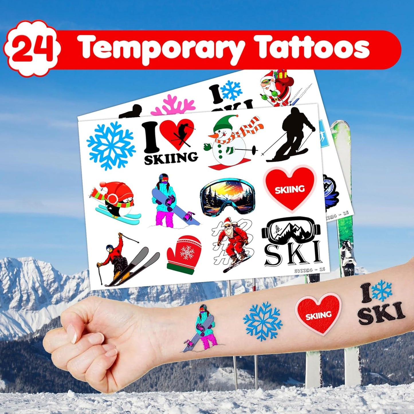 Skiennix Skiing Party Set - 48PCS Fun Winter Sports Supplies | 24 Temporary Tattoos & 24 Slap Bracelets for Kids