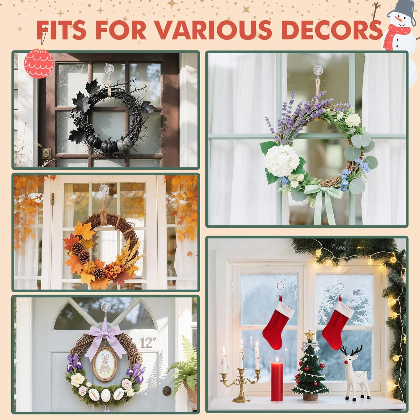 VIS'V Wreath Hanger - Heavy Duty Twist Lock Suction Cup Hooks | 22 LB Capacity, Clear, 2 Pack