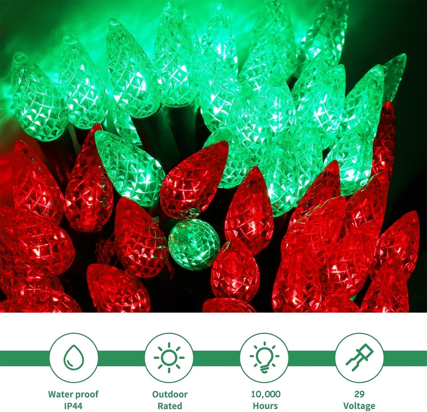 WATERGLIDE C6 33ft LED Christmas String Lights - 100 Faceted Bulbs, Waterproof, 8 Modes | Red & Green