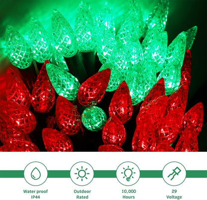 WATERGLIDE C6 33ft LED Christmas String Lights - 100 Faceted Bulbs, Waterproof, 8 Modes | Red & Green