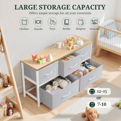 5-Drawer Dresser for Bedroom, Anti-Tip Wide Storage Organizer Fabric Chest of Drawers TV Stand for 45" TV with Wooden Top and Metal Frame for Closet, Living Room, Hallway, Entryway, Light Gray