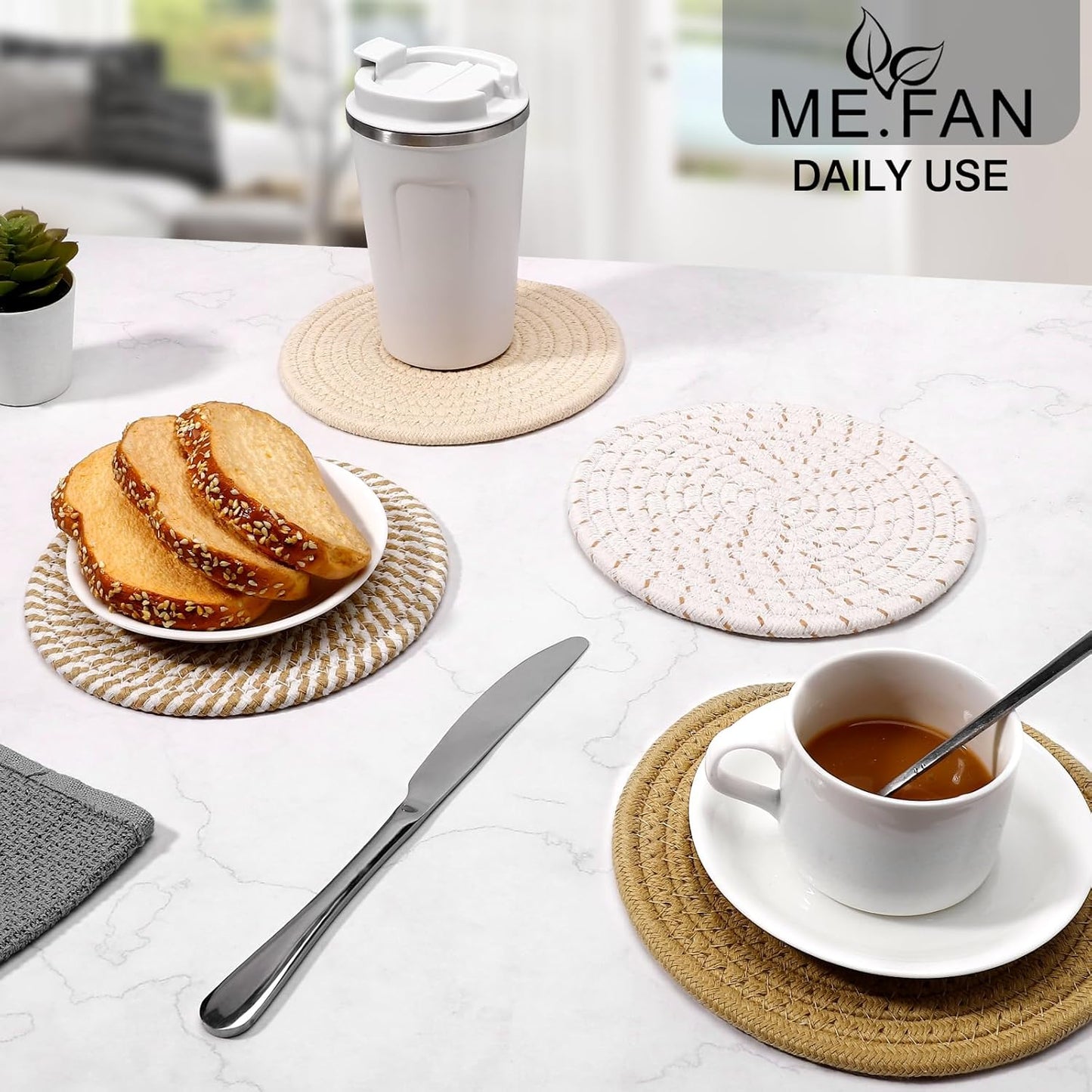 ME.FAN 7-Inch Cotton Thread Weave Trivets - Set of 4 Large Potholders for Pots & Pans | Protects Countertops