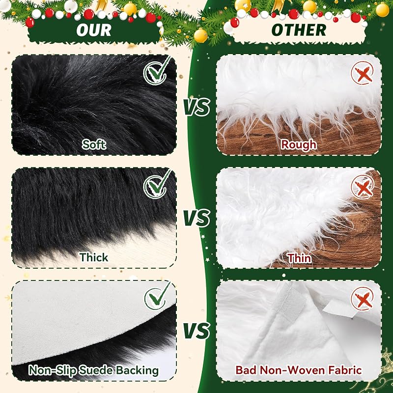Parttely 36inch Black Wool Fur Christmas Tree Skirt - Thick Plush Holiday Decoration