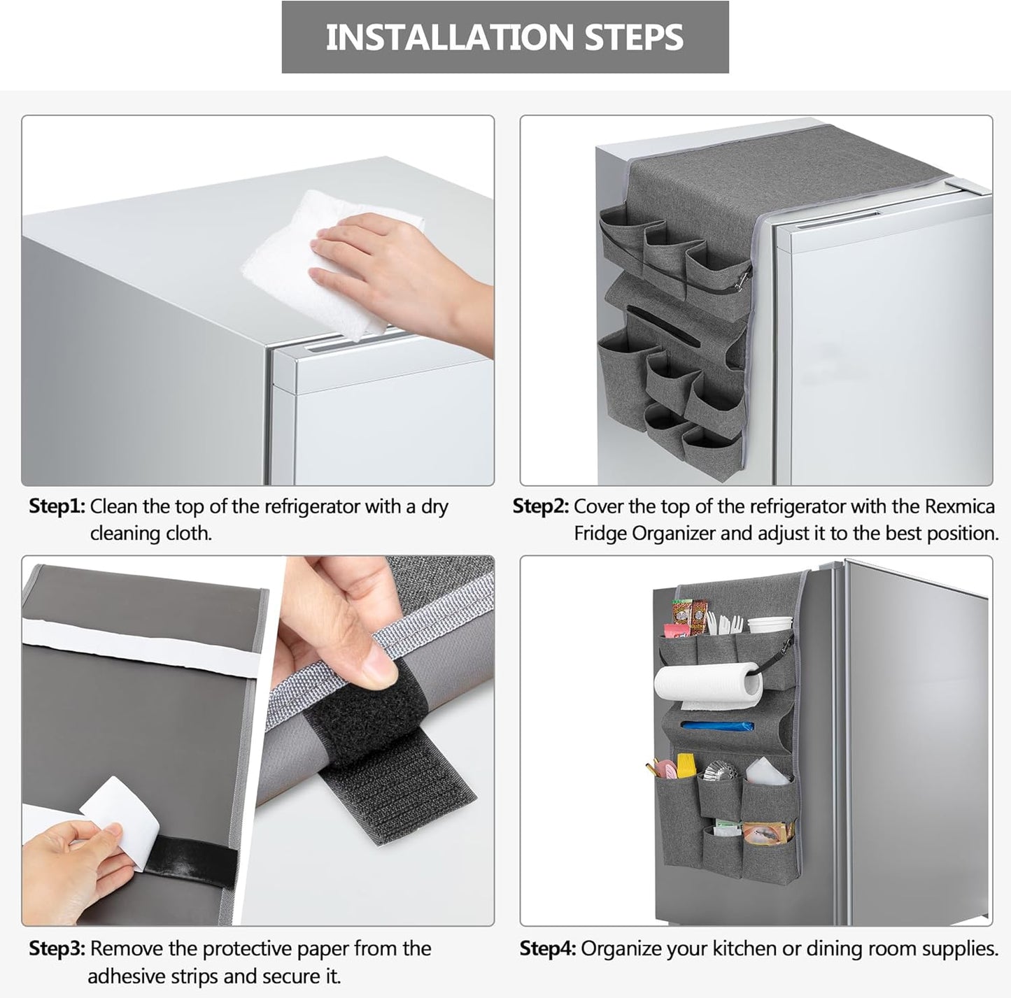 Rexmica Mini Fridge Organizer - 14 Pocket Dust Cover Storage Bag for Home, Office & Dorm | Gray
