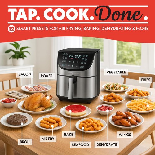 Gourmia Air Fryer - 8 Qt Extra Large Capacity with FryForce360º & Digital Display | 12 Cooking Presets