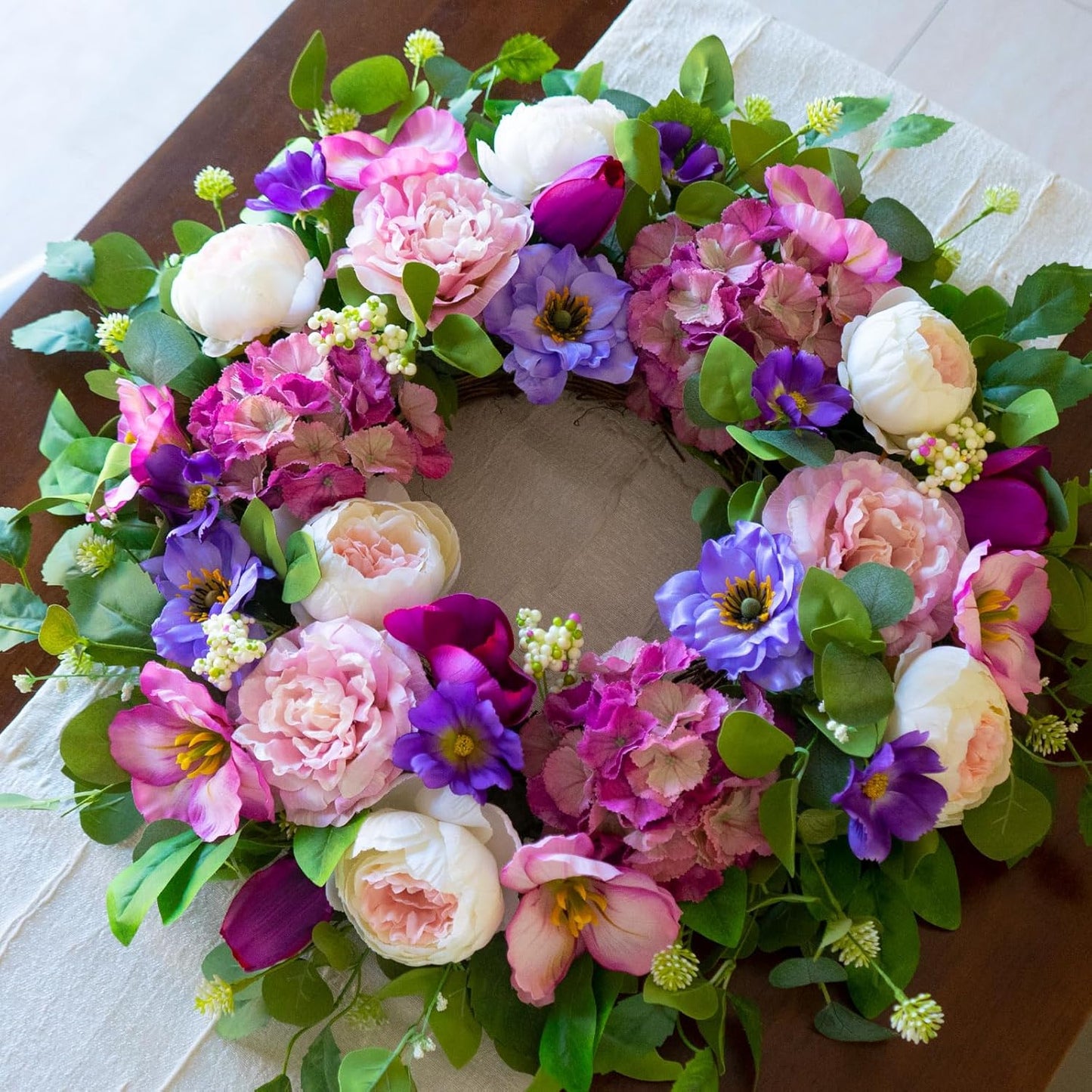 Regine Switzerland 24-Inch Spring Wreath - Blush Pink Roses & Purple Blooms for Home Decor | Indoor/Outdoor Use