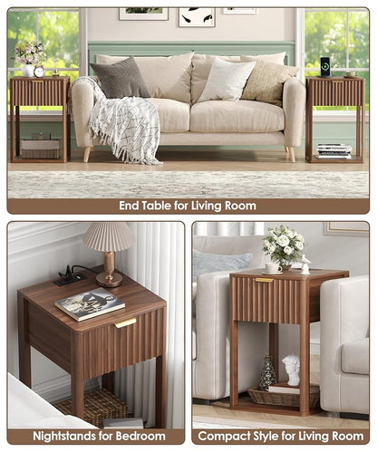 Nightstand Set 2 with Charging Station - Walnut Fluted Bedside Tables