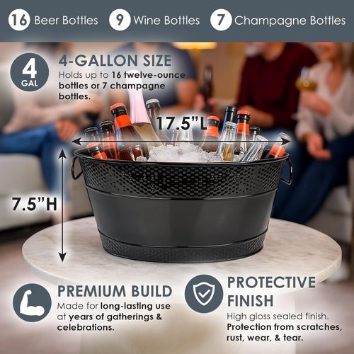 BREKX Colt Black Galvanized Beverage Tub with Handles, 16-Bottle Metal Bucket Ice Cooler to Chill Drinks, Oval Metal Basket for Drinks or Storage Bin - 15 Quarts (4 Gallon)