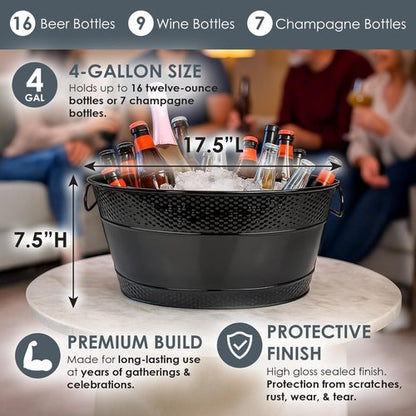 BREKX Colt Black Galvanized Beverage Tub with Handles, 16-Bottle Metal Bucket Ice Cooler to Chill Drinks, Oval Metal Basket for Drinks or Storage Bin - 15 Quarts (4 Gallon)