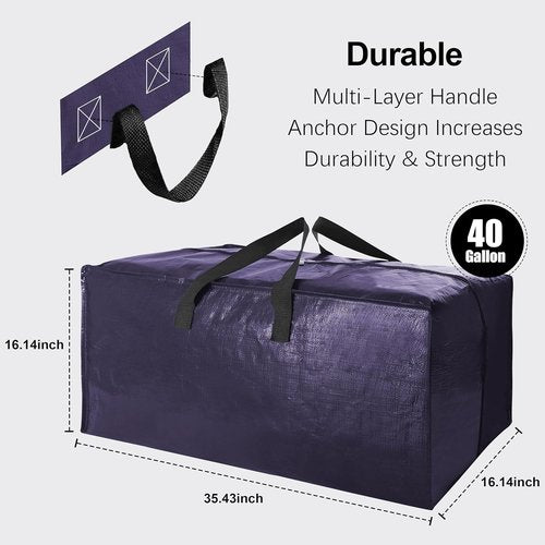 Heavy Duty Extra Large Moving Bags by [Brand Name] - 6 Pack with Backpack Straps & Strong Zippers | Space-Saving Storage Totes (40 Gal, Blue)