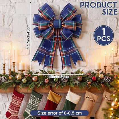 Navy Blue Plaid Wreath Bow, 17.7 x 14.5 in | Large Tartan Burlap Christmas Decor - Variation: Navy Blue