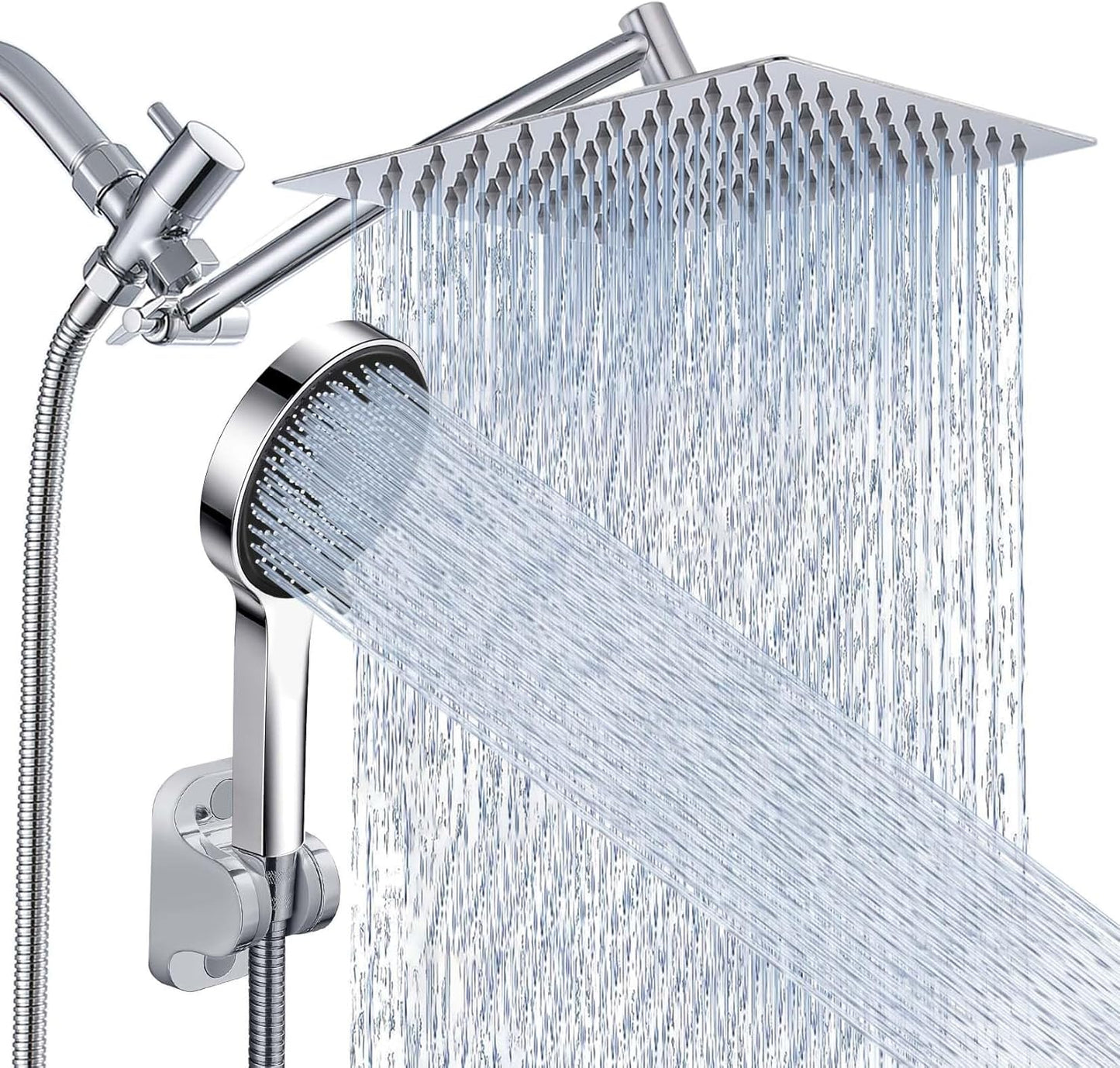 Regine Switzerland Rain Shower Head - 10 Inch High Pressure Dual Showerhead Set with Handheld Spray & Extension Arm | Silver