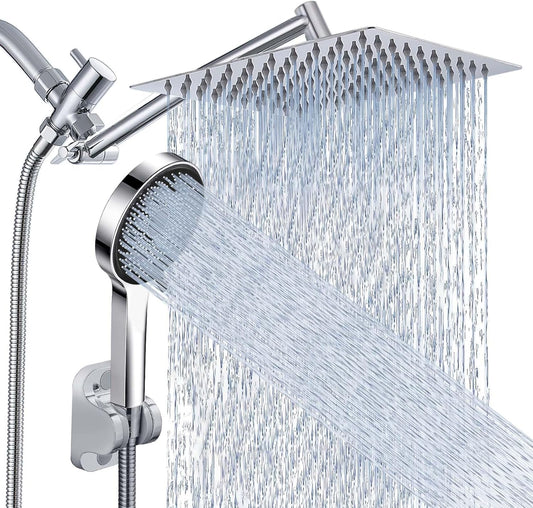 Regine Switzerland Rain Shower Head - 10 Inch High Pressure Dual Showerhead Set with Handheld Spray & Extension Arm | Silver