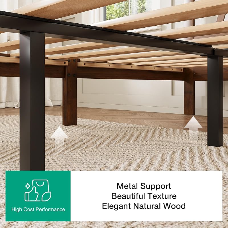Walnut 12 Inch Queen Bed Frame with Headboard – Solid Wood, No Box Spring Required, Easy Assembly