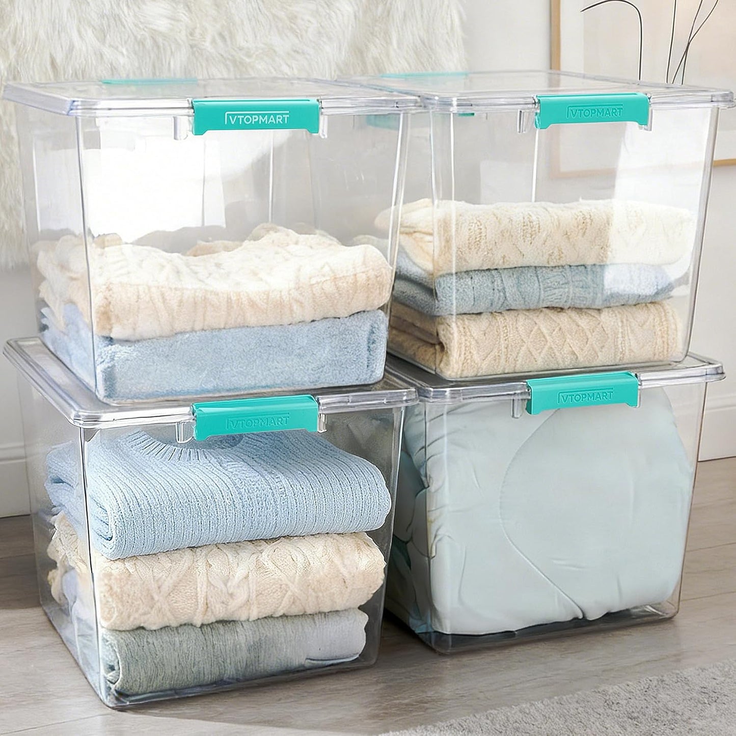 Vtopmart 72 QT Crystal Clear Storage Bins - 4 Pack Stackable Plastic Latching Containers for Closet Organization