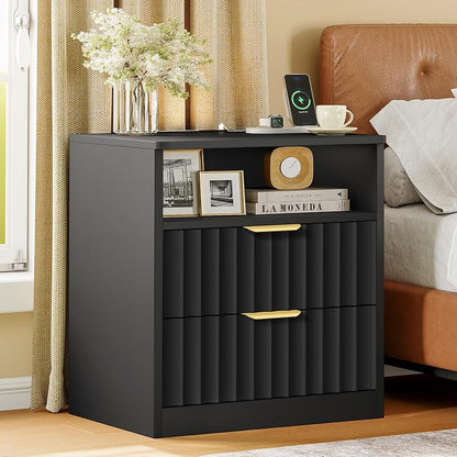 Fluted Nightstands Set of 2 with Charging Station & LED Light, Black, 2 Drawers