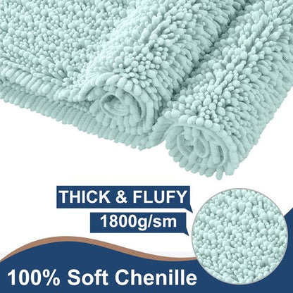 FLOLEOPA Luxury Chenille Spa Blue Bathroom Rugs Bath Mats Sets, Extra Soft and Absorbent Bathroom Rugs Non Skid Machine Wash Dry Bath Mats（47"x17" Plus 17"x24"）