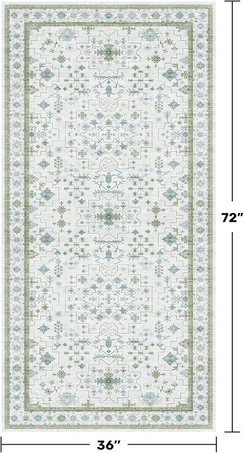 Hazo Haus Washable Rugs - Vintage Boho Floral Design | Blue & Green 3x6 Non-Slip Accent Rug