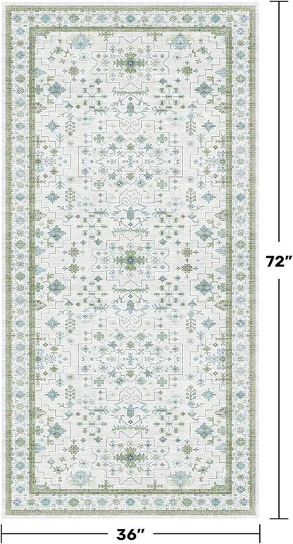 Hazo Haus Washable Rugs - Vintage Boho Floral Design | Blue & Green 3x6 Non-Slip Accent Rug