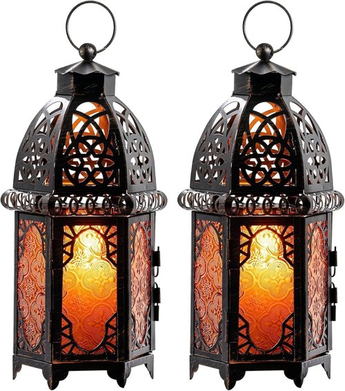 DECORKEY Vintage Moroccan Candle Lantern Set - Large 12.8’’ Metal Hanging & Tabletop Decor | Amber Color for Indoor & Outdoor Use