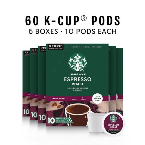 Starbucks K-Cup Coffee Pods, Dark Roast Coffee, Espresso Roast for Keurig Coffee Makers, 100% Arabica, 6 Boxes (60 Pods Total)