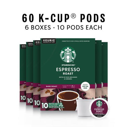 Starbucks K-Cup Coffee Pods, Dark Roast Coffee, Espresso Roast for Keurig Coffee Makers, 100% Arabica, 6 Boxes (60 Pods Total)