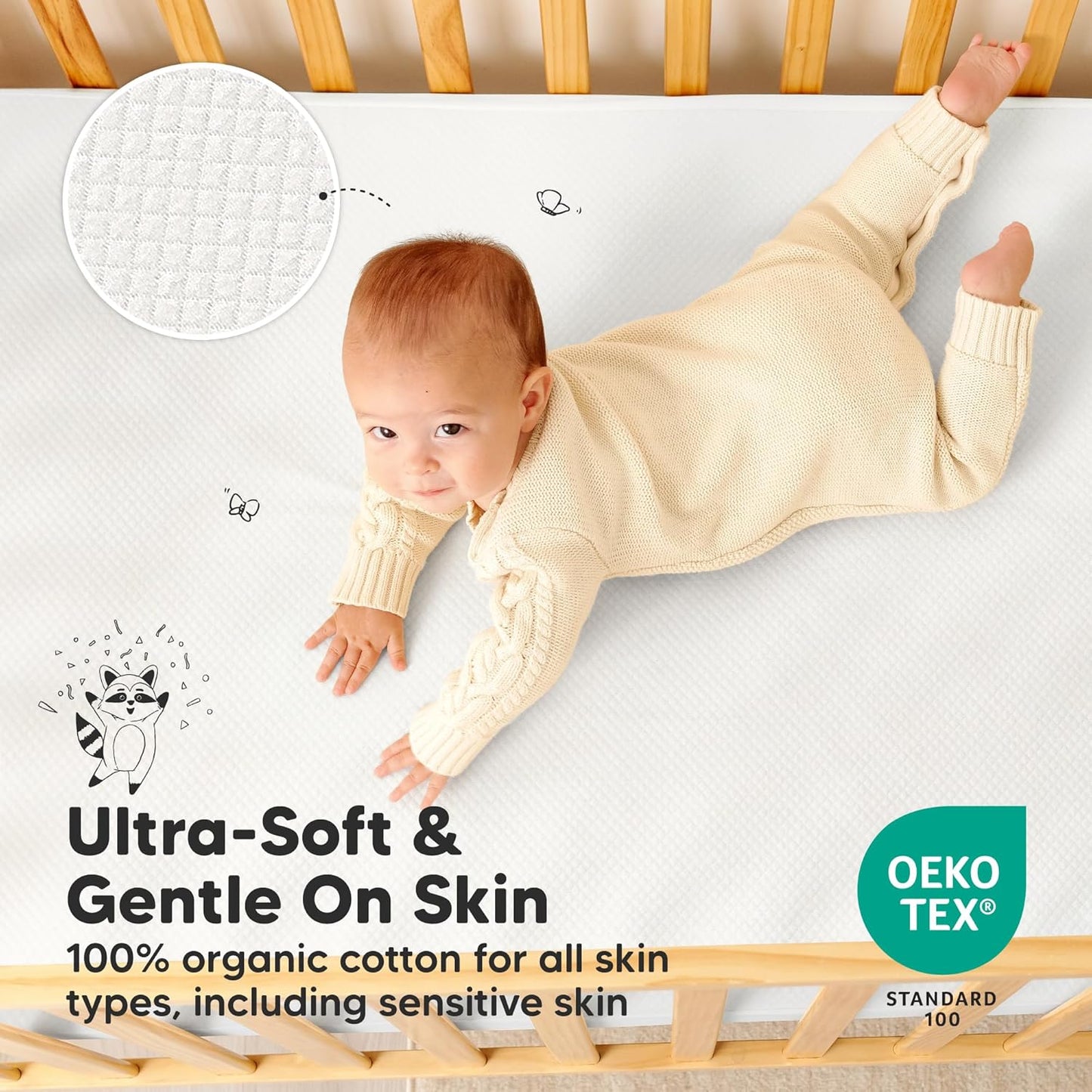 Skiennix Waterproof Crib Mattress Protector - Soft Quilted Cotton Cover, 52" x 28", Machine Washable, Easy Fit