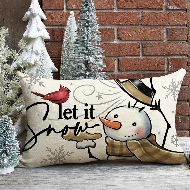 Winter Snowman Lumbar Pillow Cover 12 x 20 - Decorative Rectangle Cover (Variation: Winter Snowman 20" x 12")