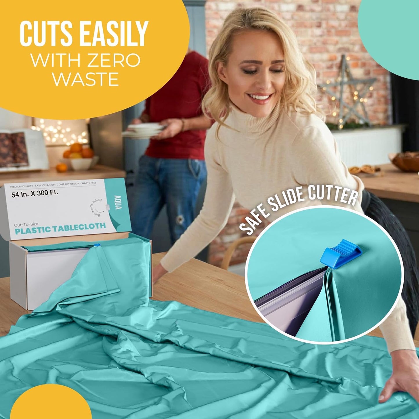 Party Solids Aqua Plastic Table Cover Roll - 54 Inch X 300 Feet with Convenient Slide Cutter