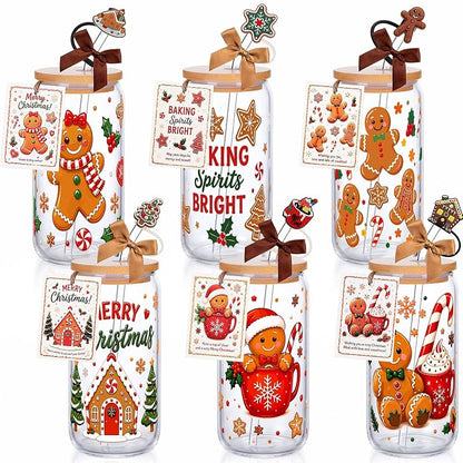 6 Pcs Christmas Glass Cups with Lids, Straws & Stoppers - Gingerbread Man (Variation of THIS listing: 6+Gingerbread Man)