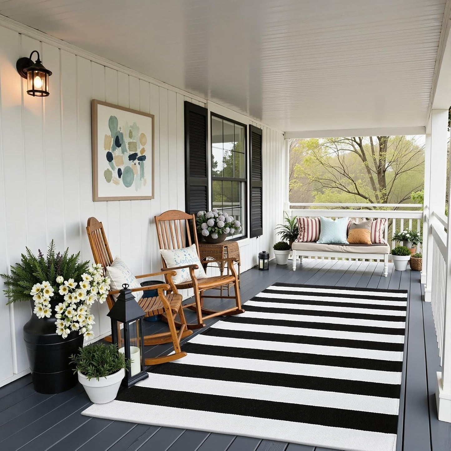 OLANLY Striped Rug - Washable Black and White Cotton Doormat | 3' x 5' for Indoor & Outdoor Use