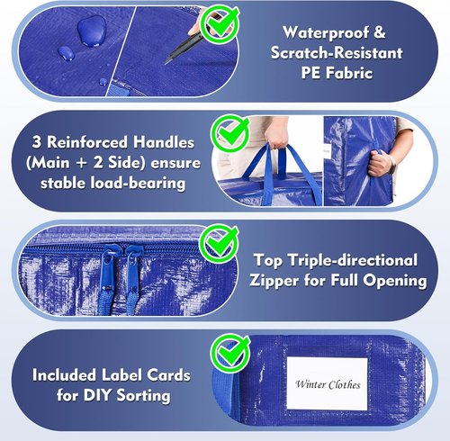 KYODOLED 6 Pack Heavy Duty Blue Moving Bags - Sturdy Storage Totes with Zipper & Handles for College Students
