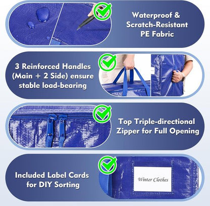 KYODOLED 6 Pack Heavy Duty Blue Moving Bags - Sturdy Storage Totes with Zipper & Handles for College Students