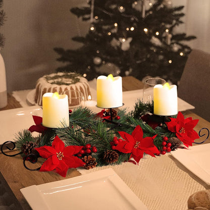 MorTime Christmas Centerpiece - 3 Candle Holders with Red Flowers & Pinecones | Festive Table Decor
