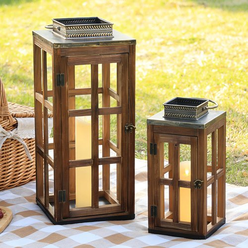 DECORKEY Large Rustic Wooden & Metal Lantern Set - 28''/20'' H Indoor/Outdoor Candle Holders | Dark Brown