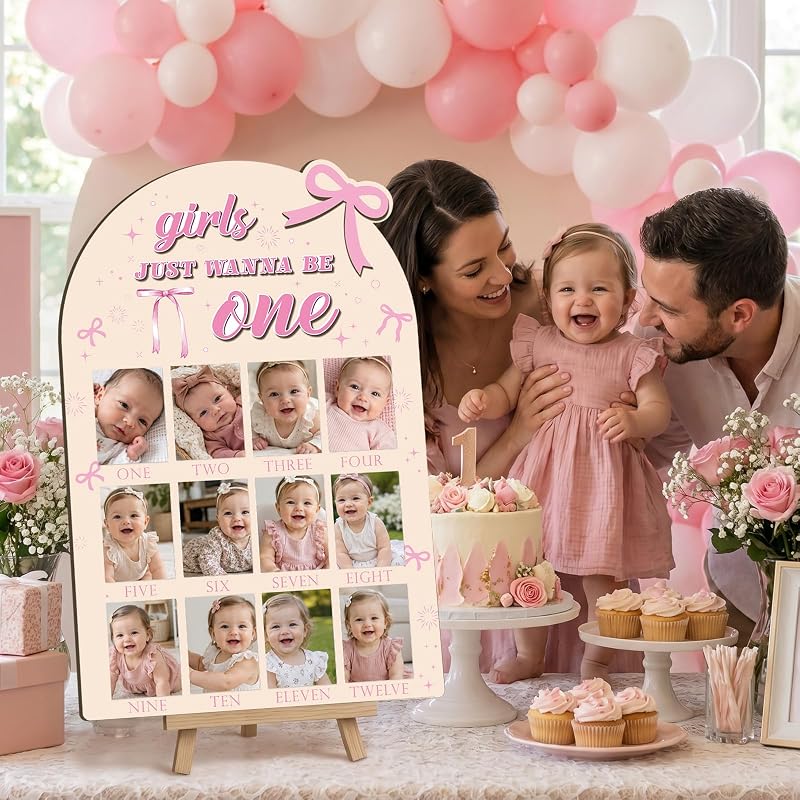 Pink Bow 12 Month Photo Board Set – Wooden 23.4 x 15.4 in Monthly Milestone Display (Variation: Pink Bow+23.4" x 15.4")