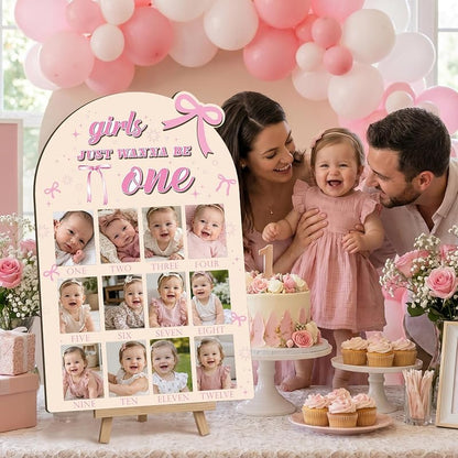 Pink Bow 12 Month Photo Board Set – Wooden 23.4 x 15.4 in Monthly Milestone Display (Variation: Pink Bow+23.4" x 15.4")